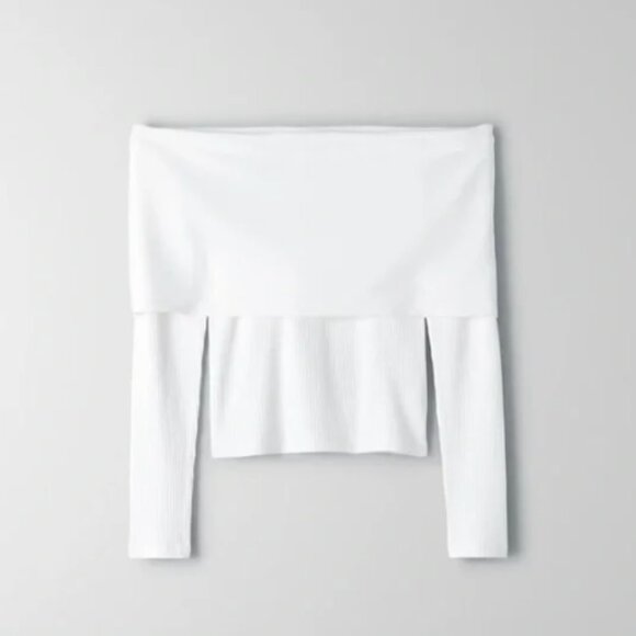 Aritzia Tops - Aritzia | EUC Babaton Scala Off the Shoulder Ribbed Long Sleeve Top White Small